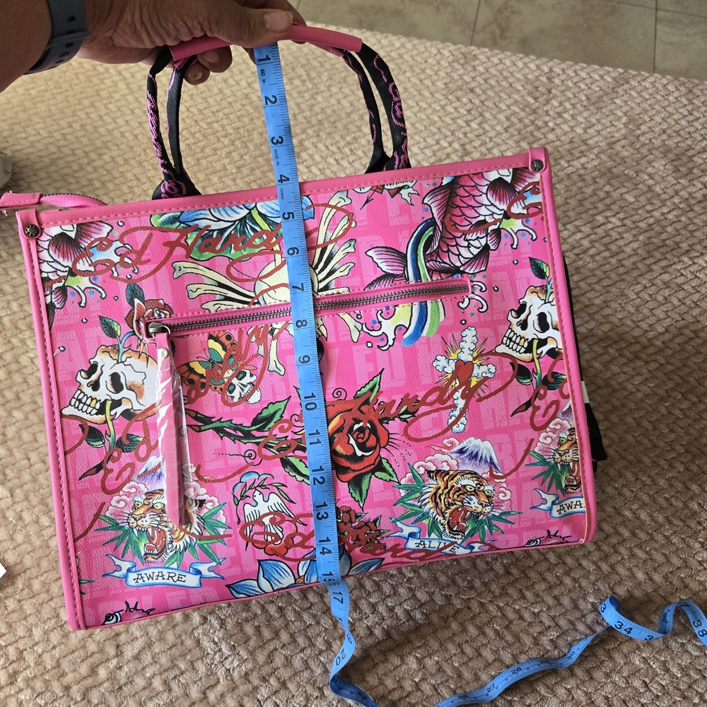 Ed Hardy Tote Bag Pink Straw Love Kills Slowly Skull NWT Strap Y2K Tattoo - Picture 12 of 15